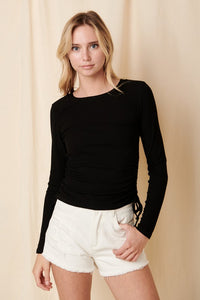 BLACK KNIT RUCHED SIDE LONG SLEEVE TOP
