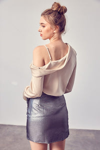 TAUPE ONE SHOULDER DRAPE TOP